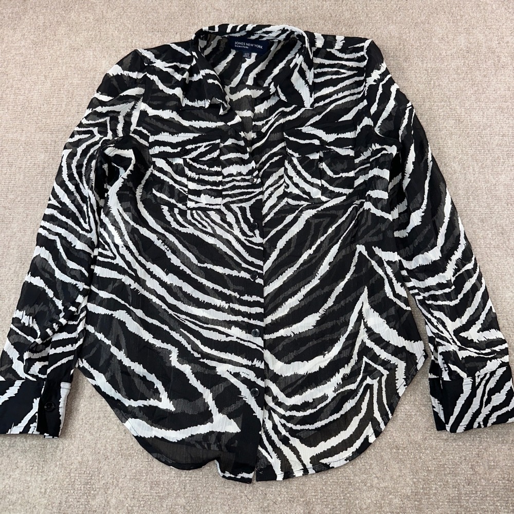 Jones New York Signature Zebra Print Sheer Button Down Blouse Black White Small